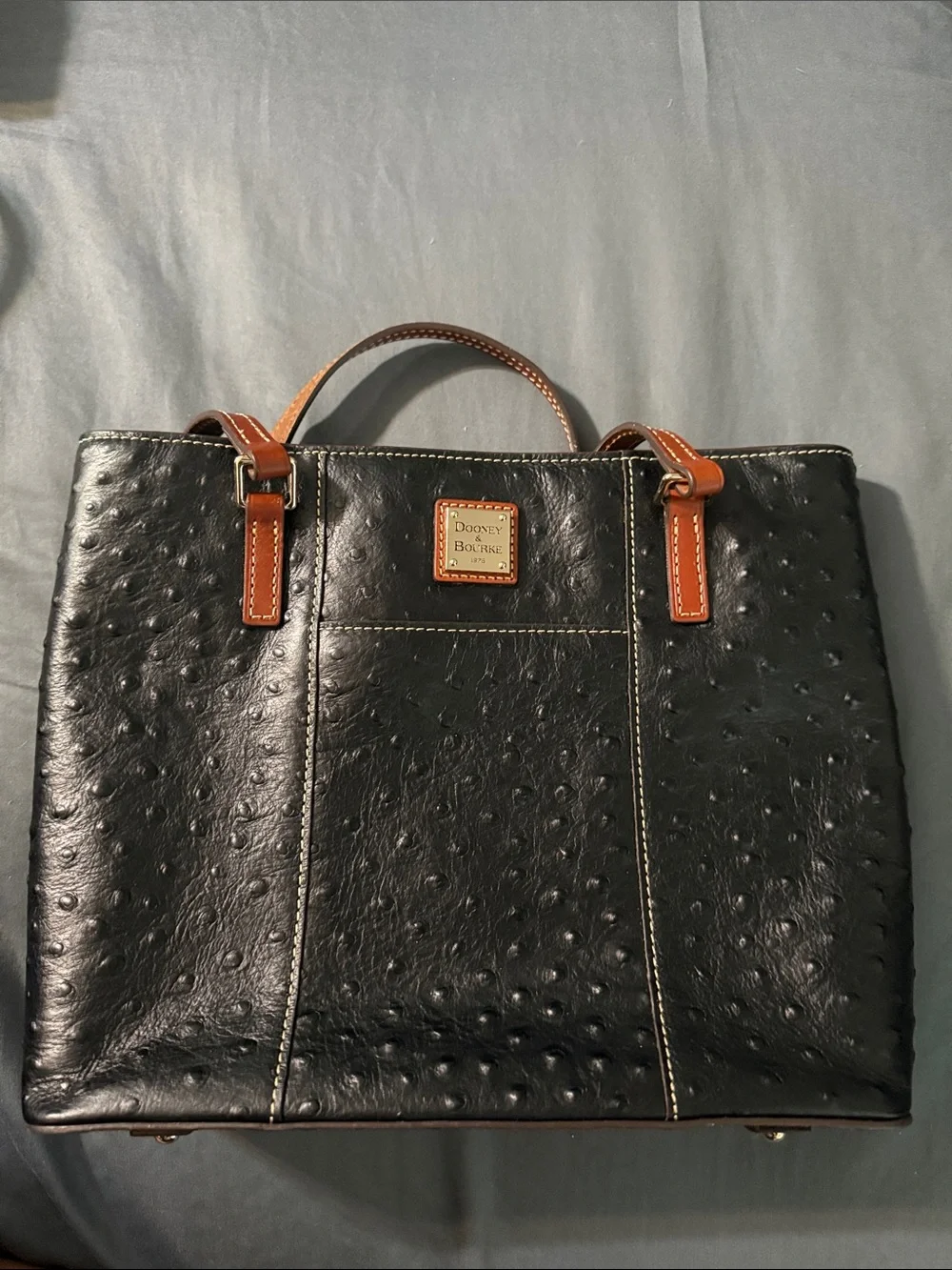 Dooney & Bourke Black Ostrich-Embossed Tote with Brown Handles